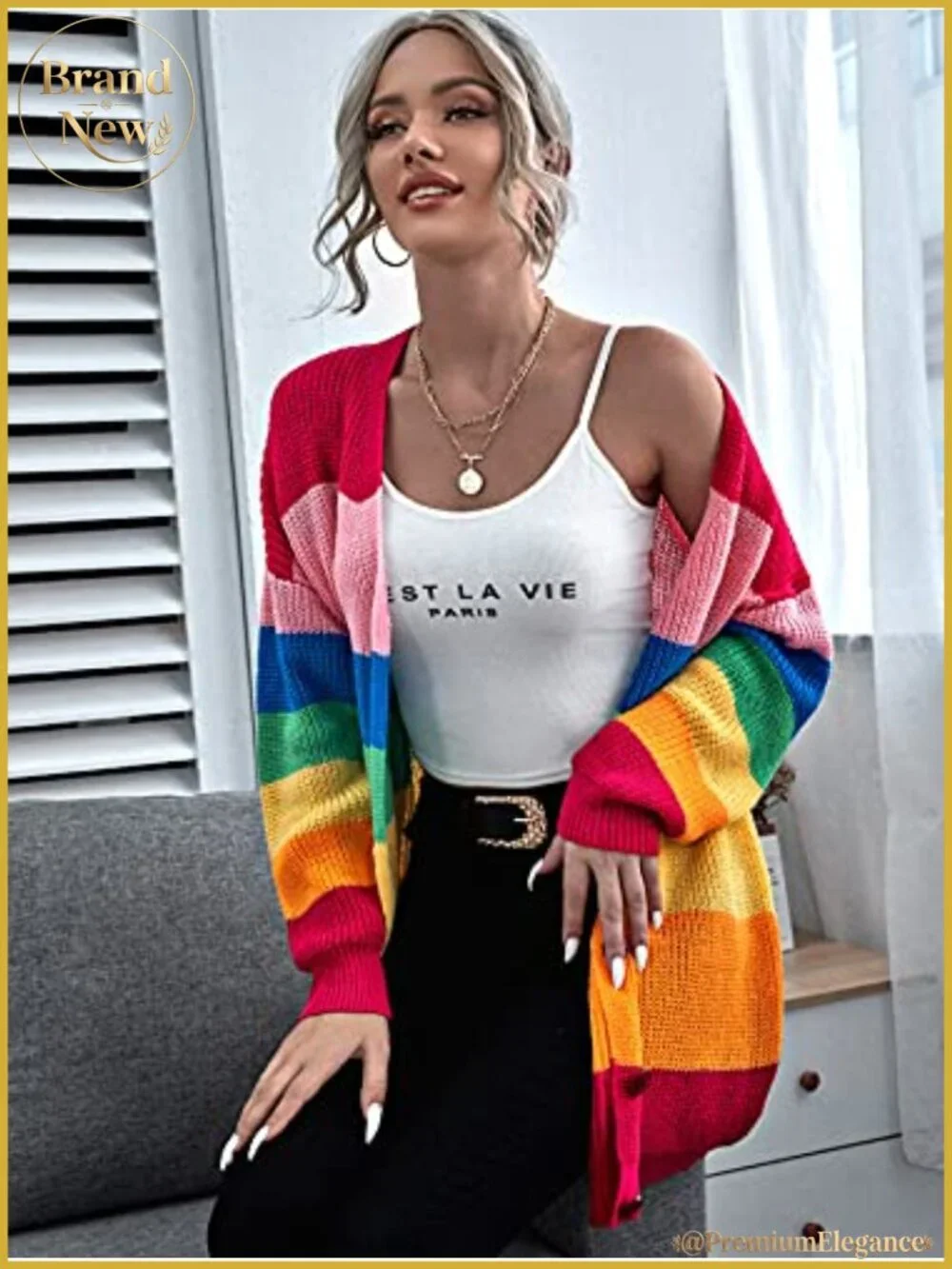Women's Oversized Rainbow Stripe Cardigan Sweater with Button Front